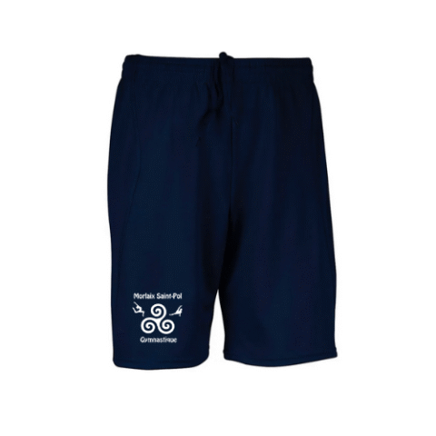 Short de sport bleu marine avec un petit logo blanc près de l'ourlet gauche.