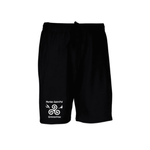 Short noir avec un petit logo blanc sur la jambe gauche, isolé sur fond blanc