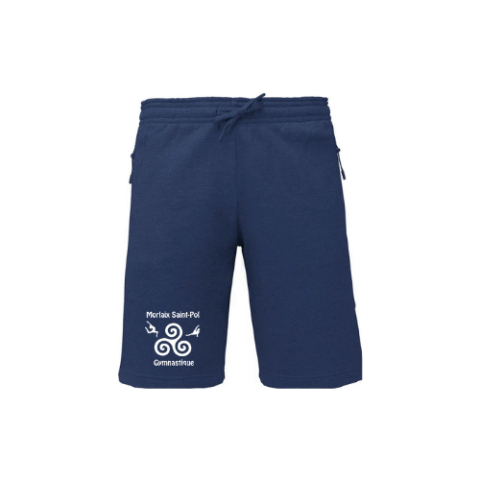 Short de sport bleu marine avec logo blanc sur la jambe gauche, isolé sur fond blanc