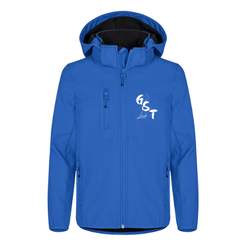Veste bleue à capuche zippée avec doublure noire et logo blanc sur fond blanc.