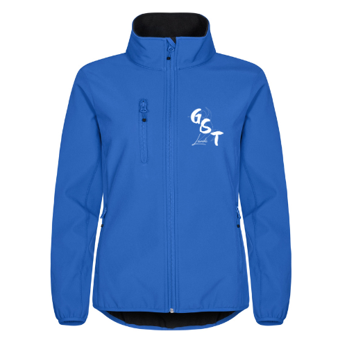 Veste bleue zippée à col montant et logo blanc sur la poitrine.