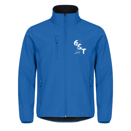 Veste bleue zippée à col noir et logo « GST » blanc sur la poitrine