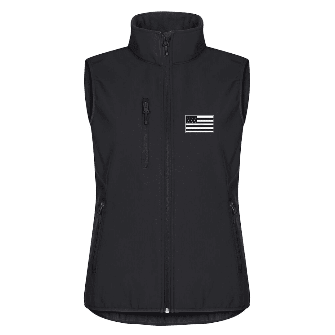 Gilet noir sans manches à fermeture éclair, col montant et petit logo drapeau américain