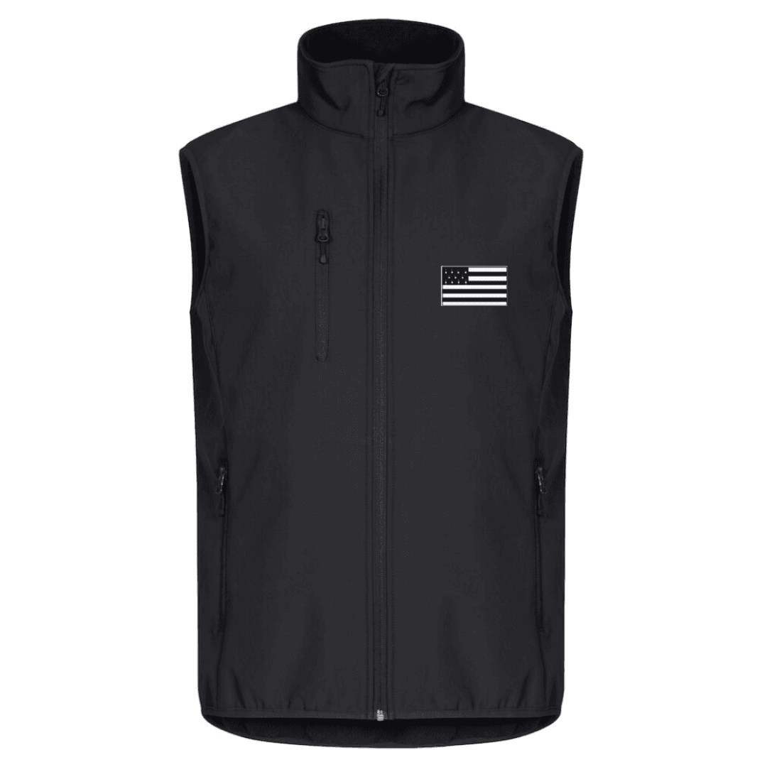 Gilet noir sans manches à fermeture éclair avec un petit écusson drapeau américain sur la poitrine