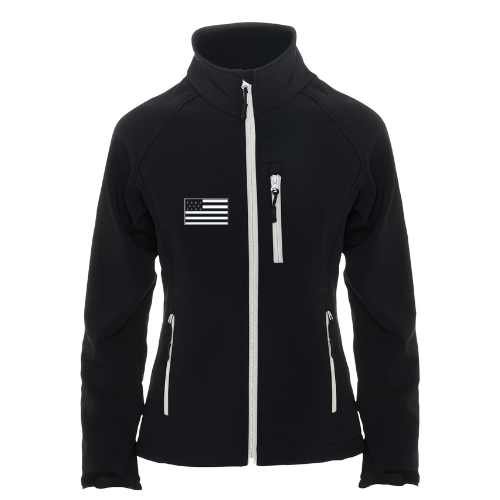 Veste noire zippée avec détails blancs, écusson drapeau américain et plusieurs poches zippées