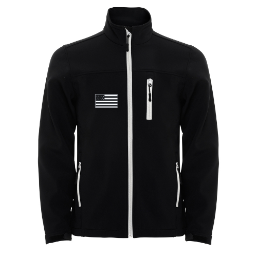 Veste noire zippée avec fermetures éclair blanches et un petit écusson drapeau américain sur la poitrine
