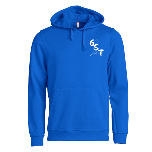 Sweat-shirt à capuche bleu avec logo blanc sur la poitrine et poche kangourou sur le devant