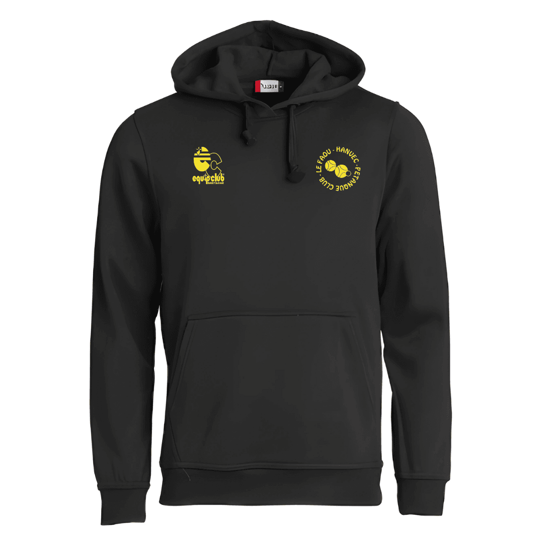 Sweat à capuche noir avec logos jaunes sur la poitrine, vu de face sur fond uni