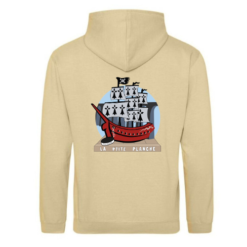 Sweat à capuche beige zippé avec cordon de serrage et petit logo sur la poitrine.