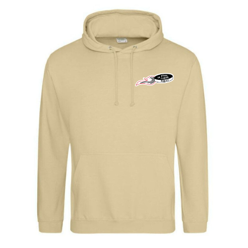 Sweat-shirt beige à capuche avec un petit logo sur la poitrine gauche.