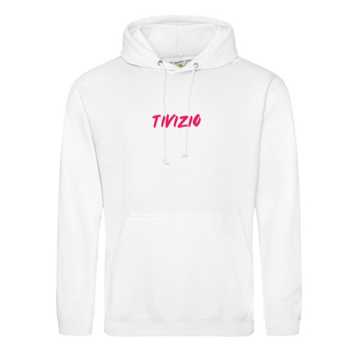 Sweat-shirt à capuche blanc avec logo rose « TIVIZO » sur la poitrine