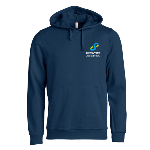 Sweat à capuche bleu marine avec un petit logo sur la poitrine.