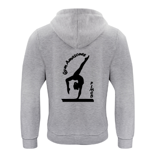 Sweat-shirt gris à capuche avec poche avant et petit logo noir sur la poitrine.
