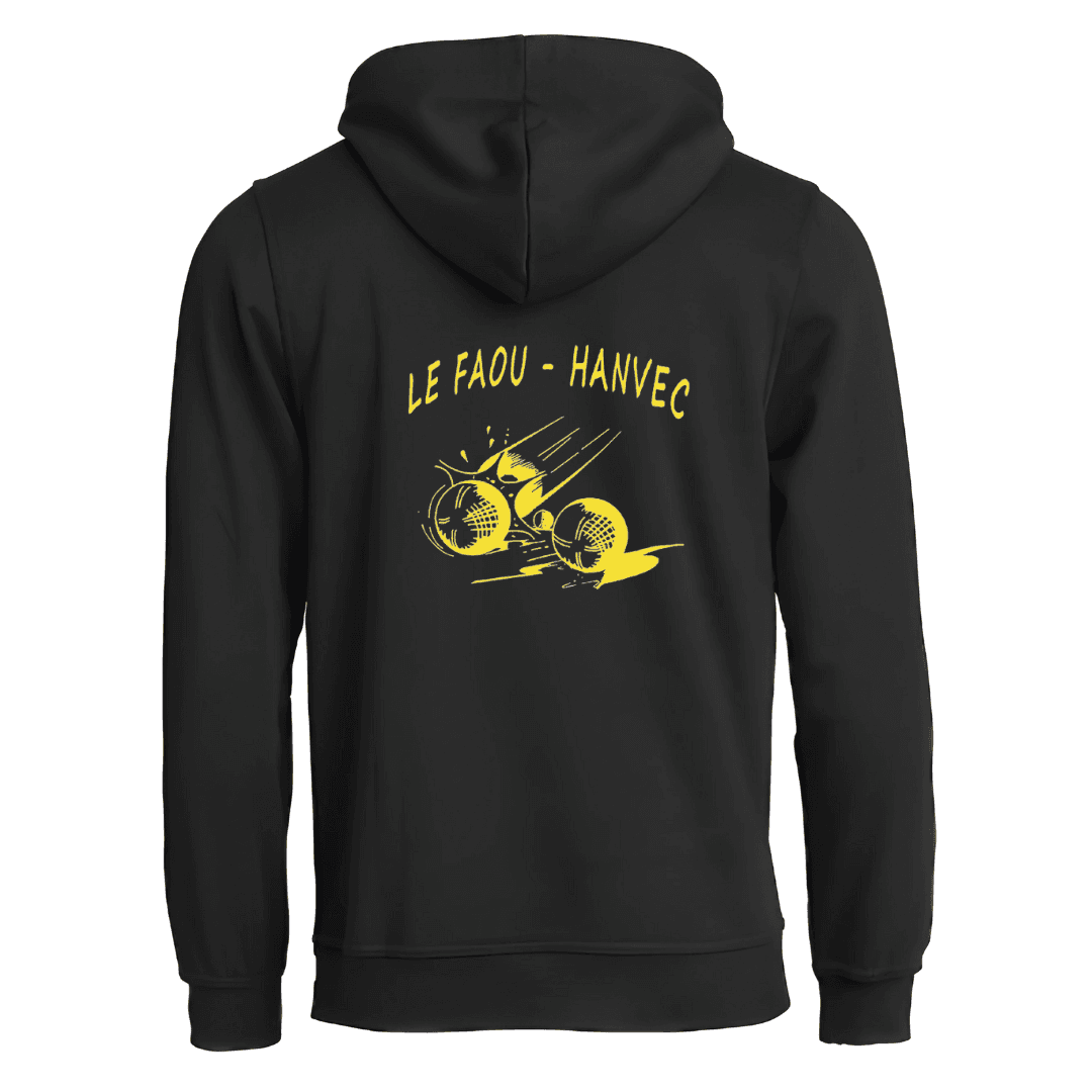 Sweat à capuche noir avec logos jaunes sur la poitrine, vu de face sur fond uni