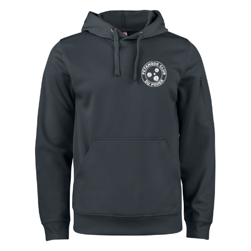 Sweat-shirt à capuche gris anthracite foncé avec poche avant et petit logo circulaire sur fond blanc.