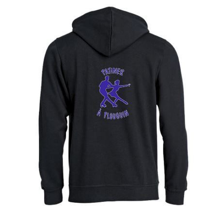 Sweat-shirt à capuche noir avec une poche kangourou sur le devant et un petit motif violet sur la poitrine.
