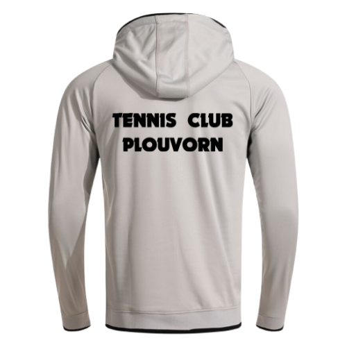 Pull à capuche gris clair avec bordures noires et logos sportifs sur la poitrine et les manches.