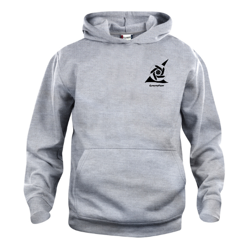 Sweat-shirt gris à capuche avec poche avant et petit logo noir sur la poitrine.