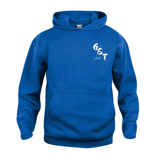 Sweat-shirt à capuche bleu avec logo blanc sur la poitrine, vu de face sur fond blanc