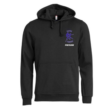 Sweat-shirt à capuche noir avec une poche kangourou sur le devant et un petit motif violet sur la poitrine.