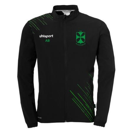 Veste de sport noire zippée avec des détails verts et un logo sur la poitrine