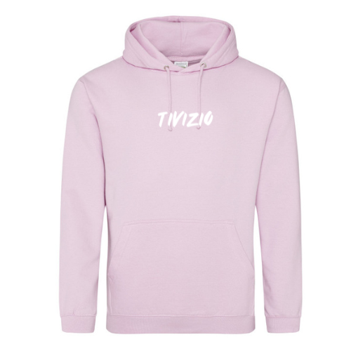 Sweat-shirt à capuche blanc avec logo rose « TIVIZO » sur la poitrine
