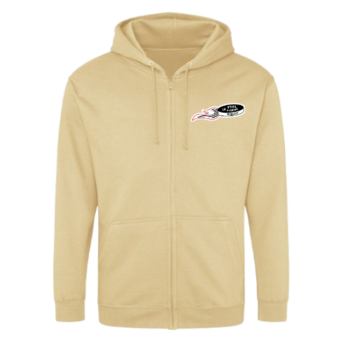 Sweat à capuche beige zippé avec cordon de serrage et petit logo sur la poitrine.