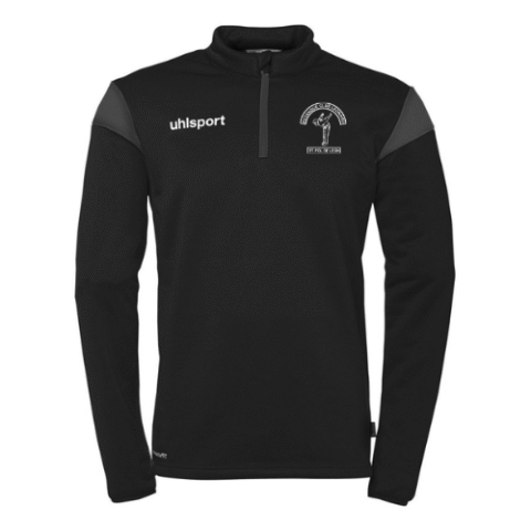 Sweat-shirt noir à col zippé avec logos blancs sur la poitrine et les manches