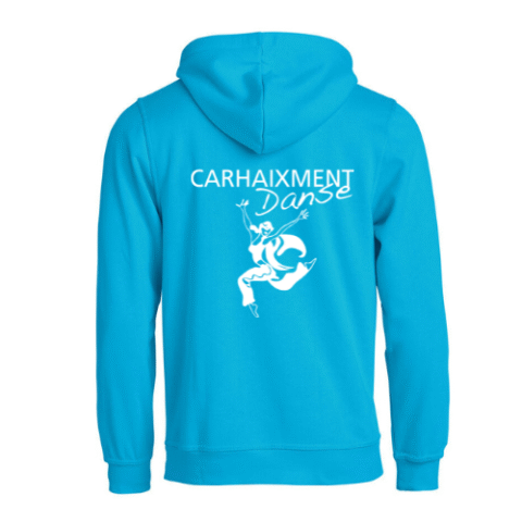 Sweat à capuche turquoise avec poche kangourou et motif blanc sur la poitrine