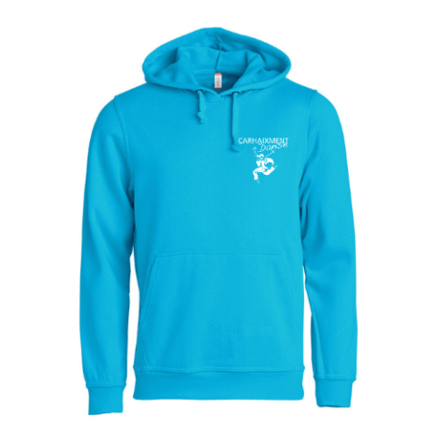 Sweat à capuche turquoise avec poche kangourou et motif blanc sur la poitrine