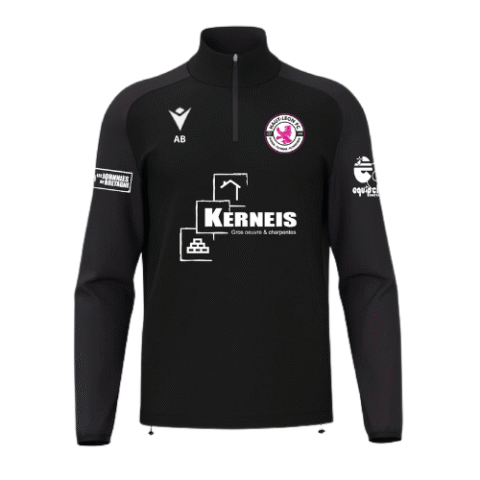 Veste de sport noire zippée avec logos de sponsors blancs et écusson du club sur la poitrine et les manches.