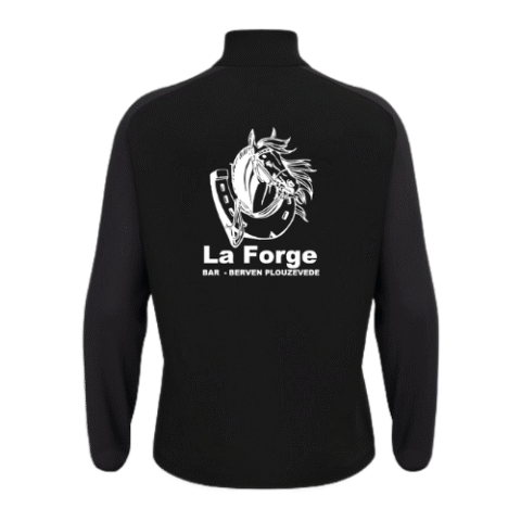 Veste de sport noire zippée avec logos de sponsors blancs et écusson du club sur la poitrine et les manches.