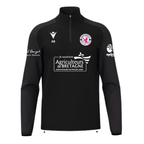 Pull de sport noir à fermeture éclair avec logos du club et du sponsor sur la poitrine et les manches.