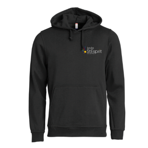 Sweat-shirt à capuche noir avec un petit logo sur la poitrine.