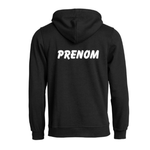 Sweat-shirt à capuche noir avec un petit logo sur la poitrine.