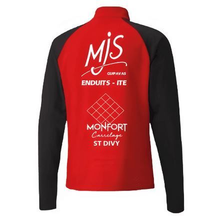 Haut de sport Puma rouge et noir à manches longues, fermeture éclair au quart et écusson de l'équipe sur la poitrine