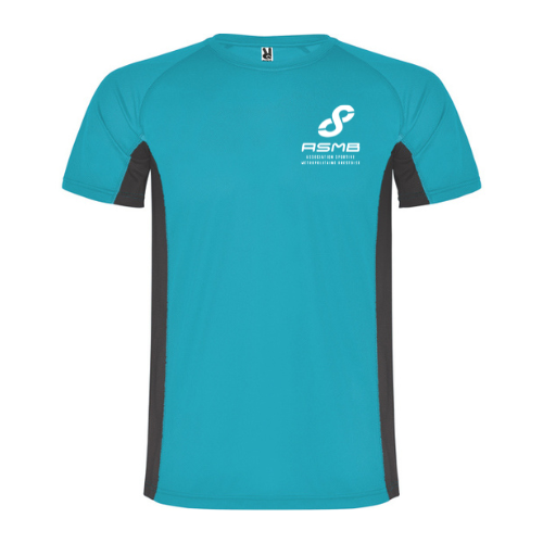 T-shirt de sport turquoise à manches courtes avec empiècements latéraux noirs et logo blanc sur la poitrine