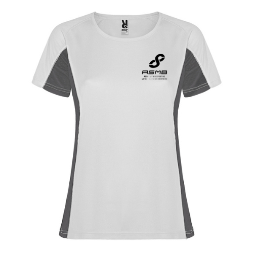 T-shirt de sport turquoise avec empiècements latéraux noirs et logo blanc sur la poitrine