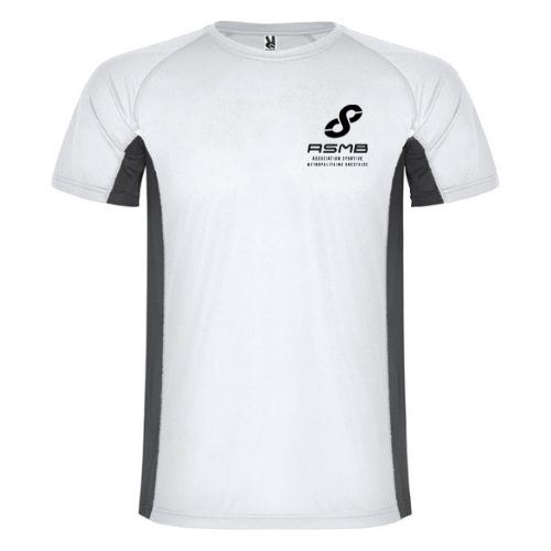 T-shirt de sport turquoise à manches courtes avec empiècements latéraux noirs et logo blanc sur la poitrine