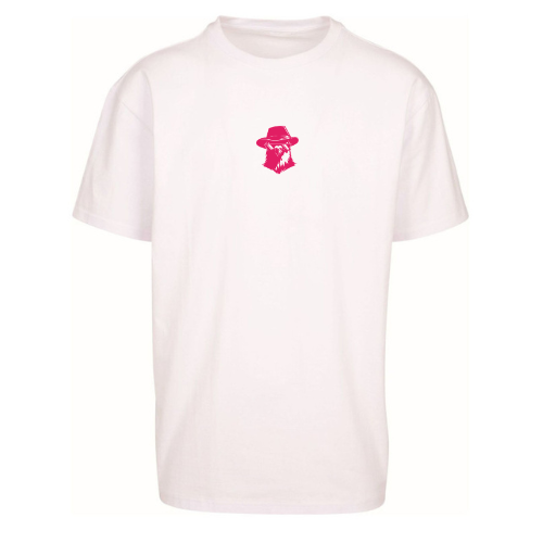 T-shirt blanc avec un petit logo rose centré sur la poitrine