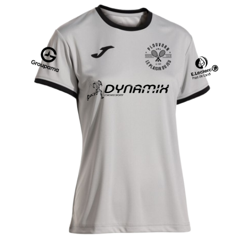 Maillot de sport gris avec finitions noires et logos des sponsors sur la poitrine et les manches.