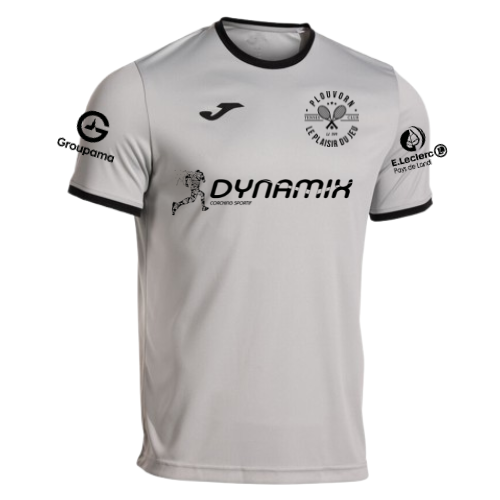 Maillot de sport blanc à manches courtes avec bordures noires et logos des sponsors, vue de face.