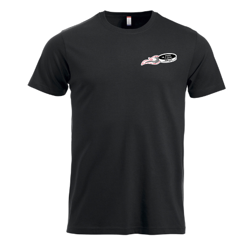 T-shirt noir avec un petit motif graphique blanc et rose sur la poitrine gauche.