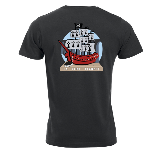 T-shirt noir avec un petit motif graphique blanc et rose sur la poitrine gauche.