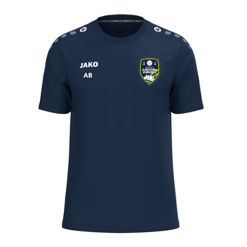 Maillot de sport JAKO bleu marine avec les initiales AB et l'écusson de l'équipe sur la poitrine.
