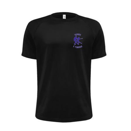 T-shirt noir à manches courtes avec un petit logo violet sur la poitrine gauche