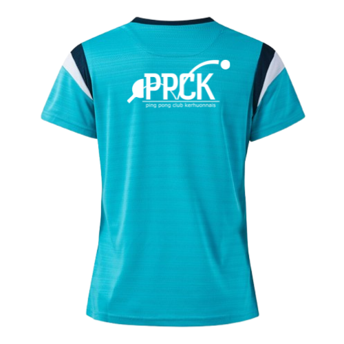 T-shirt de sport turquoise à manches courtes avec empiècements noirs aux épaules et logo blanc sur la poitrine