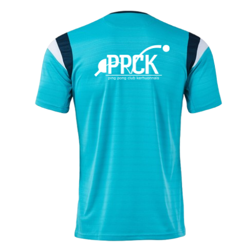 T-shirt de sport turquoise avec empiècements foncés aux épaules et logo blanc sur la poitrine