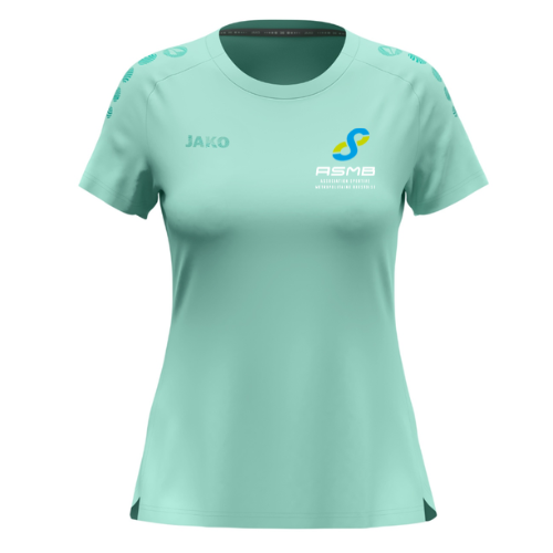 T-shirt de sport vert menthe à manches courtes avec petits logos sur la poitrine, vue de face sur fond blanc