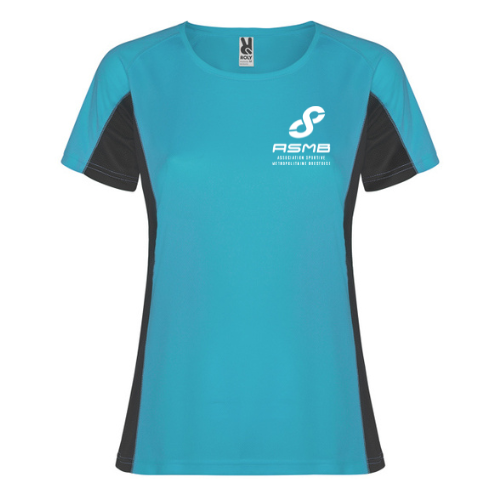 T-shirt de sport turquoise avec empiècements latéraux noirs et logo blanc sur la poitrine